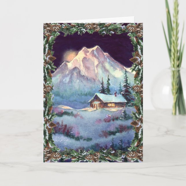 Tarjeta Festiva INVIERNO LOG CABIN & WREATH de SHARON SHARPE (Anverso)