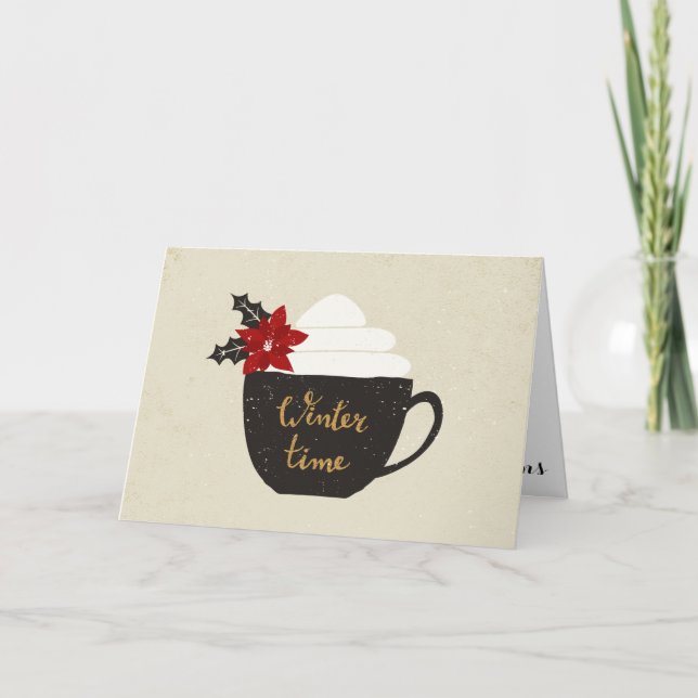 Tarjeta Festiva Invierno rojo del Poinsettia de la taza de café (Anverso)