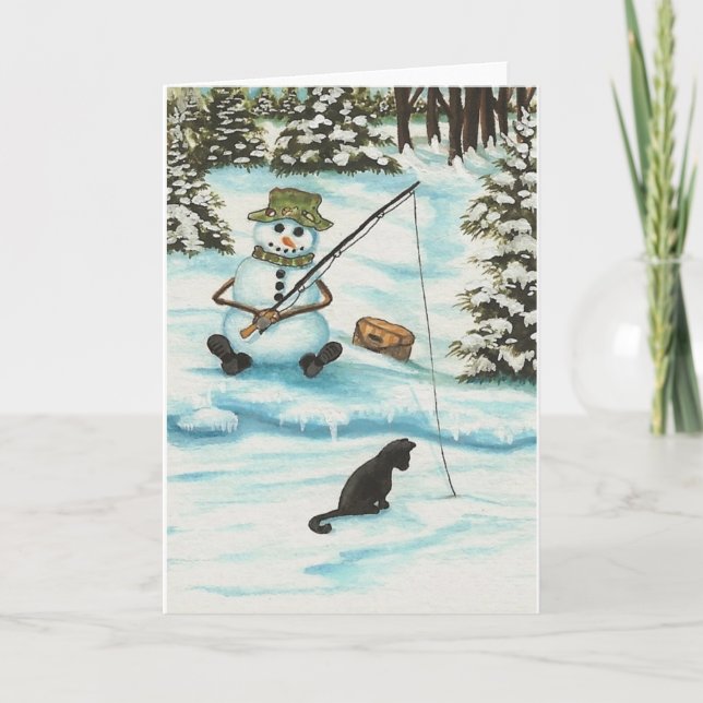 Tarjeta Festiva Invierno se pregunta si Snowman se fue de la pesca (Anverso)