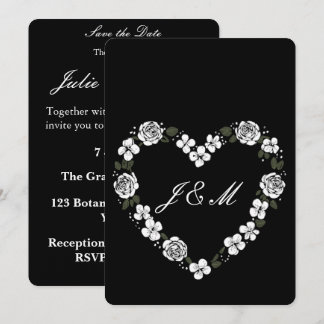 Tarjeta Festiva Invitation de mariage en forme de cœur floral noir