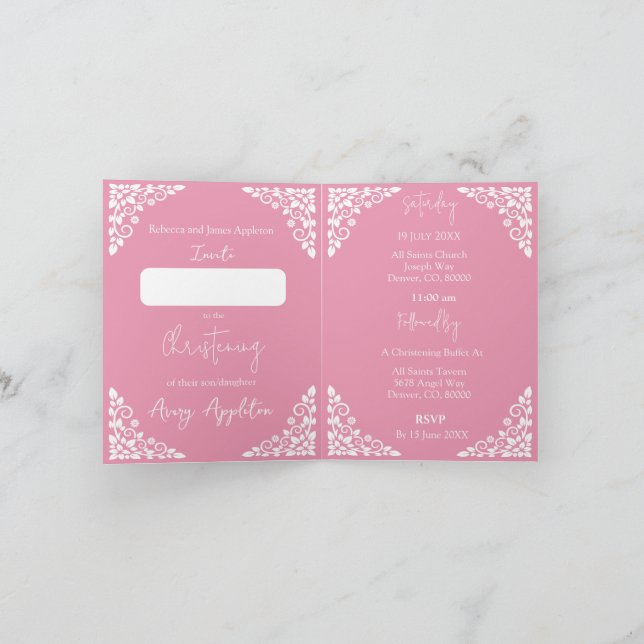 Tarjeta Festiva Invitation (write) Floral Cross Baptism Rose Pink (Interior)