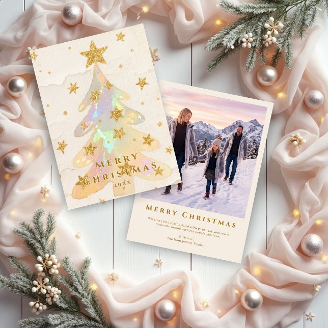 Tarjeta Festiva Iridescent Christmas Tree Watercolor Gold Stars (Iridescent Christmas Tree Watercolor Style with Gold Glitter Stars Holiday Cards with Back Photo.)