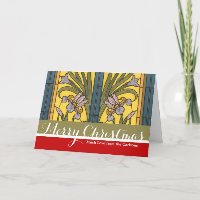 Tarjeta Festiva Iris Flor Art Nouveau Vidrio Manchado Oro Azul (Anverso)
