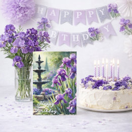 Tarjeta Festiva Irises morados Feliz cumpleaños o primavera