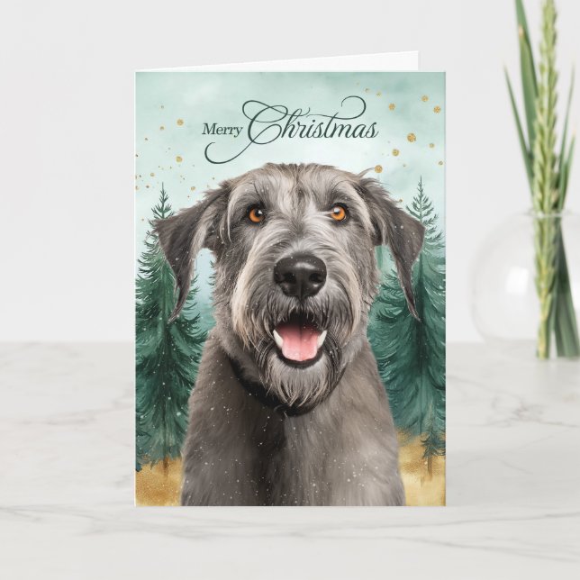 Tarjeta Festiva Irish Wolfhound Dog Winter Pine Forest Christmas (Anverso)