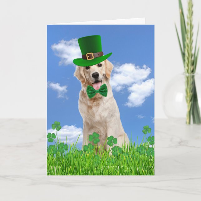 Tarjeta Festiva Irlandés Golden Retriever con Shamrock (Anverso)