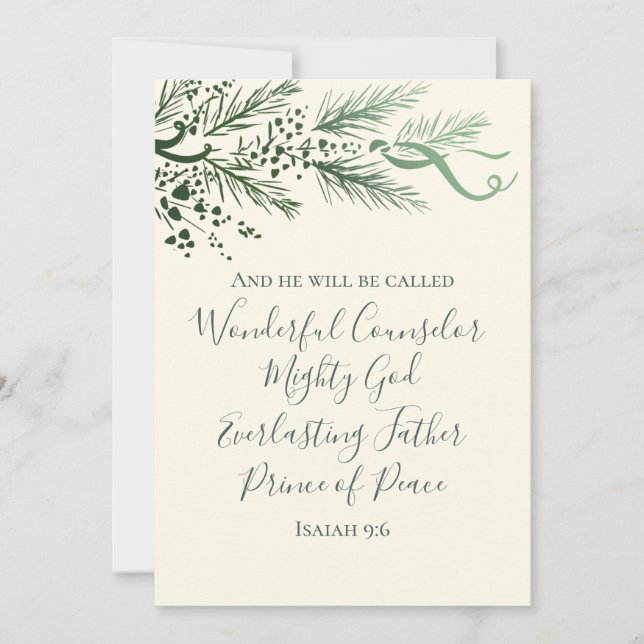 Tarjeta Festiva Isaiah 9:6 Scripture Pine & Bow Photo Christmas (Anverso)