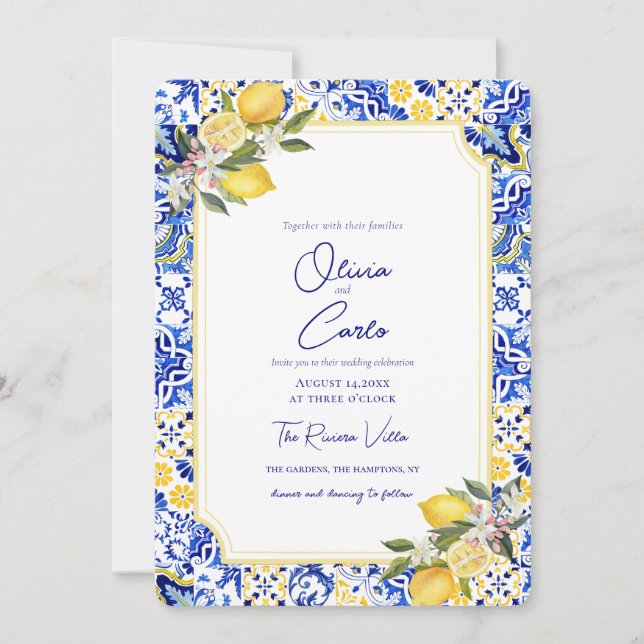 Tarjeta Festiva Italian Mediterranean Tile Lemon Wedding (Anverso)