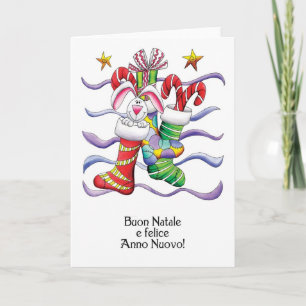 Tarjeta Festiva Italiano - Navidades Alzando Con Conejo Y Regalos