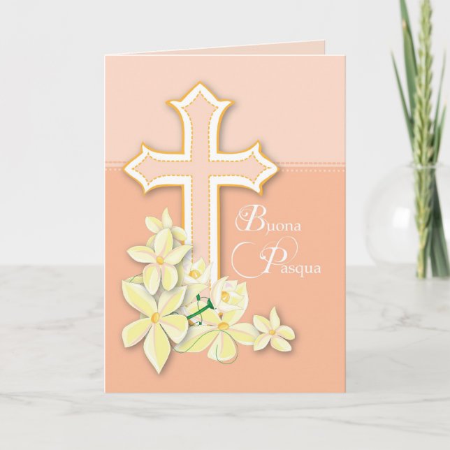 Tarjeta Festiva Italiano Pascua, flores y cruz, Buona Pasqua (Anverso)