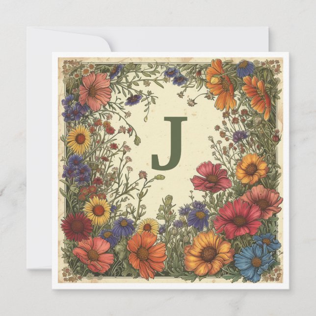 Tarjeta Festiva "J" Verdigris Green: Bloom y Monograma (Anverso)