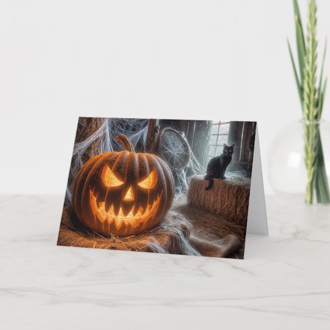 Tarjeta Festiva Jack-o-Lantern de Halloween y Gato de granero negr (Anverso)
