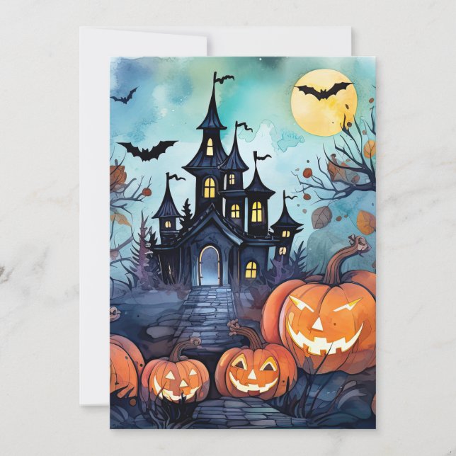 Tarjeta Festiva Jack O’Lanterns Bats embrujó la mansión Halloween (Anverso)