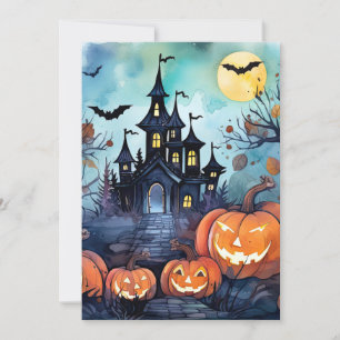 Tarjeta Festiva Jack O’Lanterns Bats embrujó la mansión Halloween
