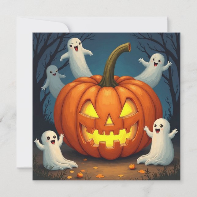 Tarjeta Festiva Jack O'Lantern y fantasma de Halloween (Anverso)