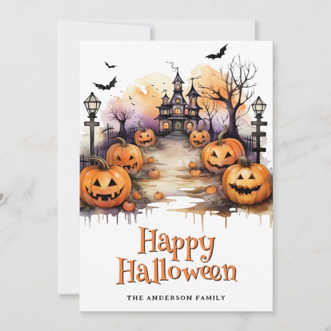 Tarjeta Festiva Jack O'Lanterns Bats Ghost Happy Halloween Card (Anverso)