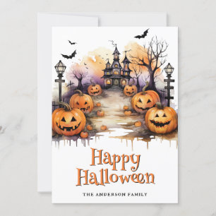 Tarjeta Festiva Jack O'Lanterns Bats Ghost Happy Halloween Card