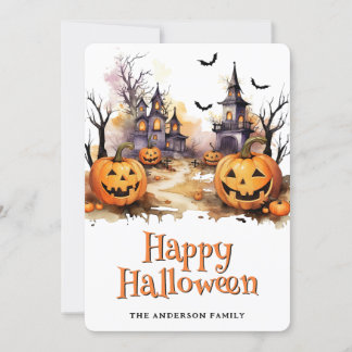 Tarjeta Festiva Jack O'Lanterns Bats Graveyard Halloween Card