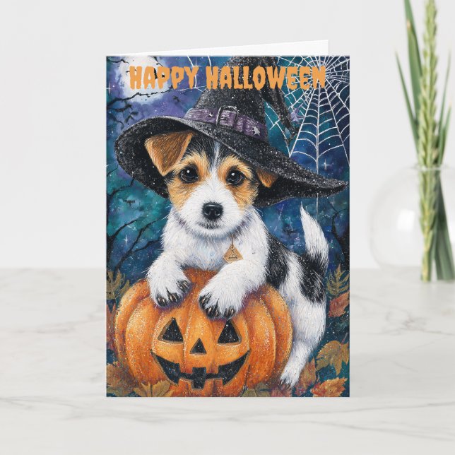 Tarjeta Festiva Jack Russell perro de Halloween (Anverso)