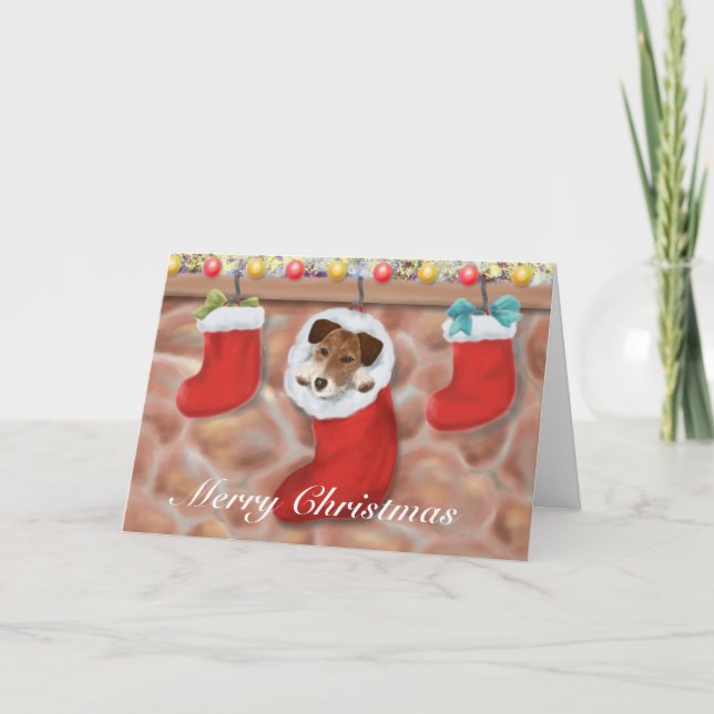 Tarjeta Festiva Jack Russell Terrier en una media (Anverso)