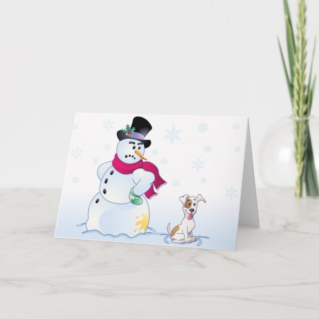 Tarjeta Festiva Jack Russell Terrier y muñeco de nieve (Anverso)