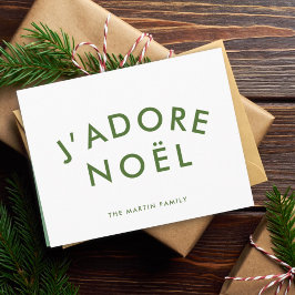 Tarjeta Festiva J'adore Noel | Navidades Blanco Verde Minimalista