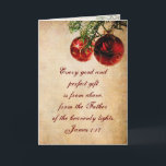 Tarjeta Festiva James 1:17 Vintage Christmas<br><div class="desc">La tarjeta de Navidades de escritura representa bombillas rojas vintage en una rama de pino. Presenta la Biblia Verse James 1:17,  "Todo regalo bueno y perfecto es de arriba,  del Padre de las luces celestiales". El interior de la tarjeta se puede personalizar con el saludo de su elección.~</div>