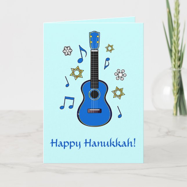 Tarjeta Festiva Jánuca feliz con el Ukulele y las estrellas (Anverso)
