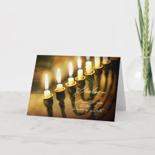 Tarjeta Festiva Jánuca Menorah enciende Shalom, paz a usted