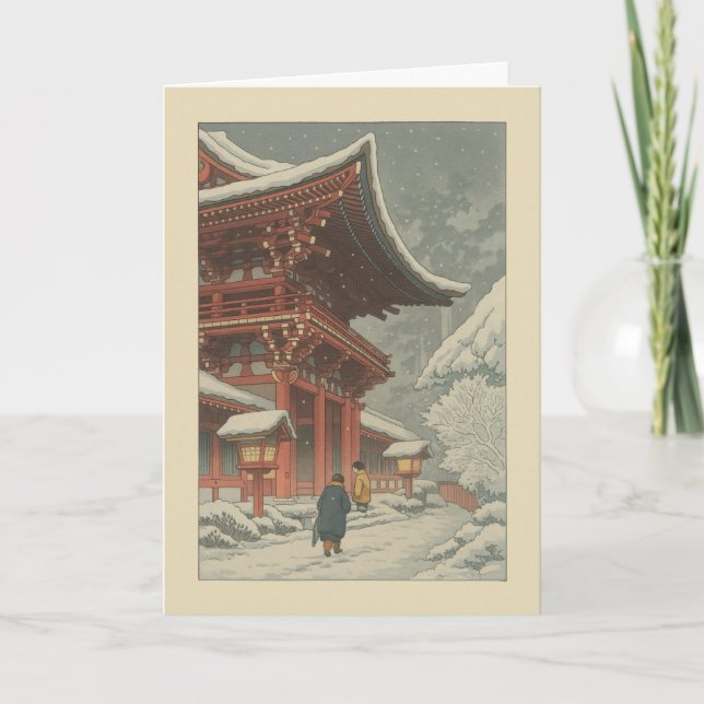 Tarjeta Festiva Japanese Winter Temple Ukiyo-e Christmas Card (Anverso)