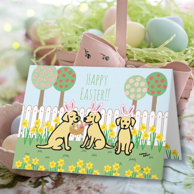 Tarjeta Festiva Jardín de conejitos de Pascua de Labrador Amarillo (Three Labradors Easter Bunnies Greeting Cards.  Cute Labrador Cartoon Design.)