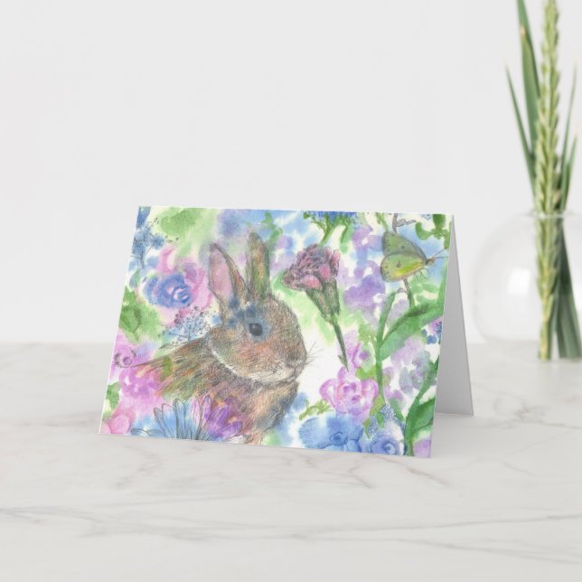 Tarjeta Festiva Jardín de flores de conejo Feliz Pascua (Anverso)
