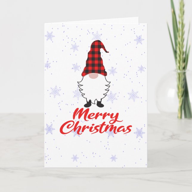Tarjeta Festiva Jardín Gnome Merry Christmas Red Buffalo Plaid (Anverso)