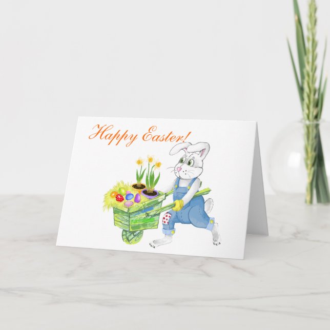 Tarjeta Festiva Jardinero de conejito de Pascua (Anverso)