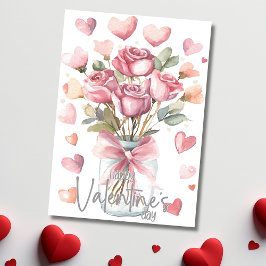 Tarjeta Festiva Jarra de rosas rosadas grises Feliz día de San Val