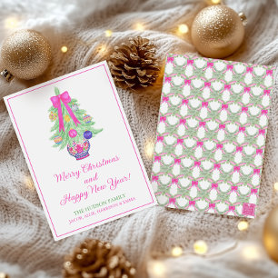 Tarjeta Festiva Jarrón de jengibre de lazo rosa caliente acuarela