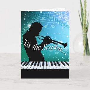 Tarjeta Festiva Jazz Horn Player de temporada   Azul