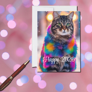 Tarjeta Festiva Jazzy Kitty con abrigo de piel - Feliz 2026