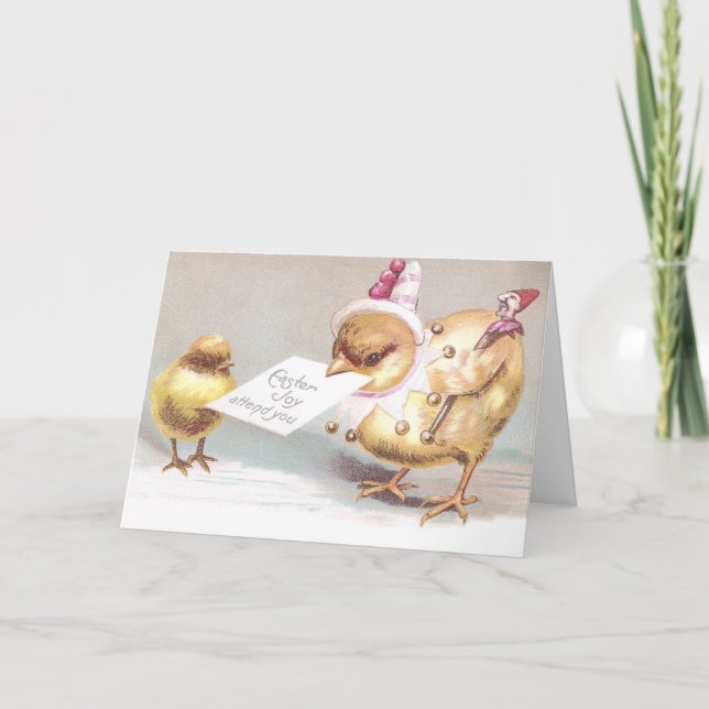 Tarjeta Festiva Jester Chick con Marotte Vintage Easter (Anverso)