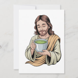 Tarjeta Festiva Jesús bebiendo Matcha Cristiano 