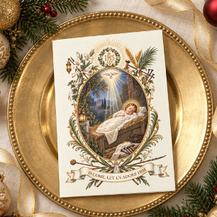 Tarjeta Festiva Jesús católico durmiendo en el pesebre