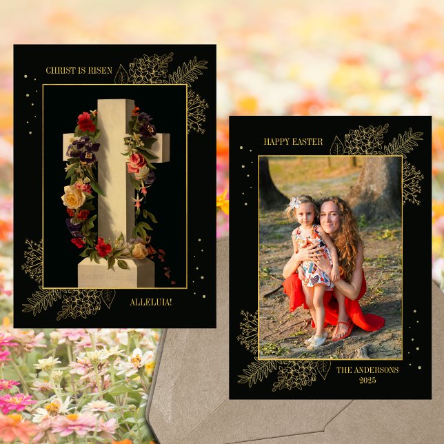 Tarjeta Festiva Jesús Cristiano Cruz Floral Familia Foto Pascua (Religious Christian Catholic Resurrection Christ is Risen Floral Cross Family Photo Easter Card)