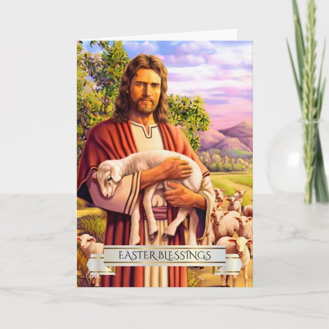 Tarjeta Festiva Jesús El Buen Pastor Pintando Cartas De Pascua (Anverso)