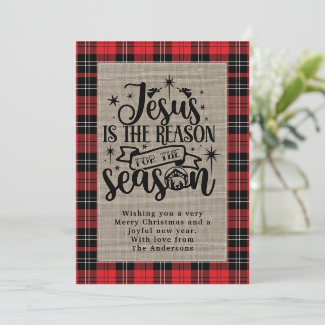 Tarjeta Festiva Jesús es la Razón de la Temporada Plaid Búfalo (Anverso de pie)