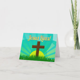 Tarjeta Festiva Jesus Lives Blue/Brown Christian Easter Cross