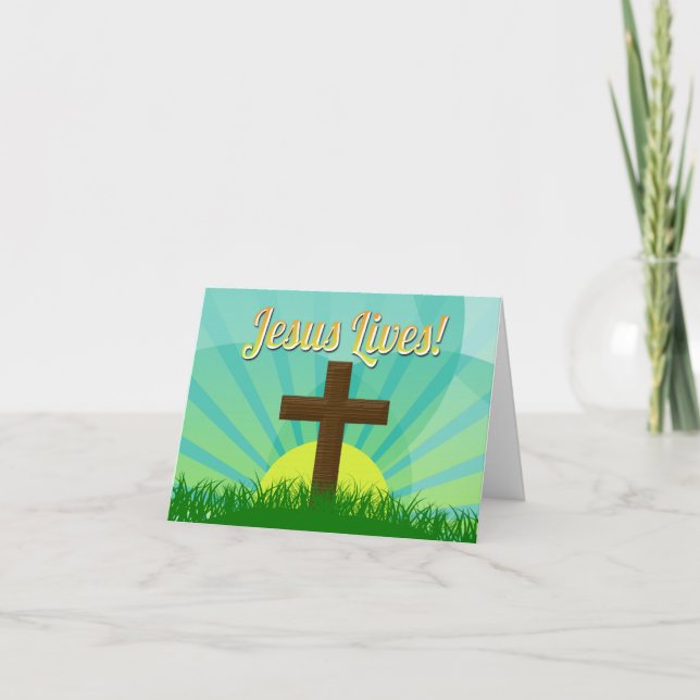 Tarjeta Festiva Jesus Lives Blue/Brown Christian Easter Cross (Anverso)