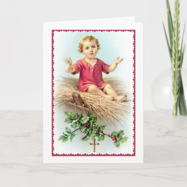 Tarjeta Festiva Jesús Manger Christ Child Rosary Holly Berry Straw (Anverso)
