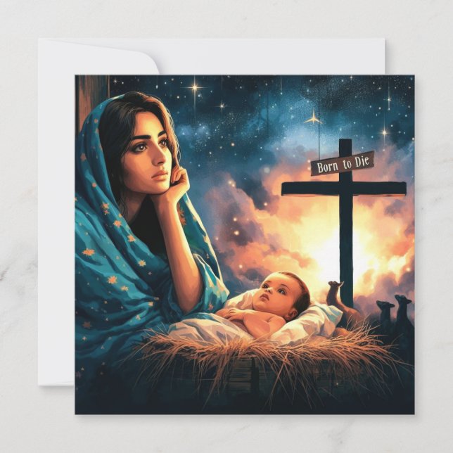 Tarjeta Festiva Jesús, nacido para morir, cruz, Navidades, cristia (Anverso)