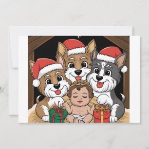 Tarjeta Festiva Jesus nació adorando yorkies 