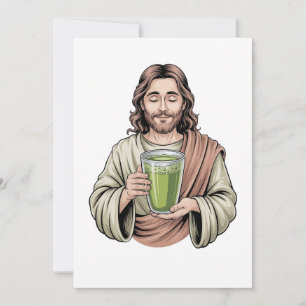 Tarjeta Festiva Jesús sosteniendo una bebida verde de Matcha Crist
